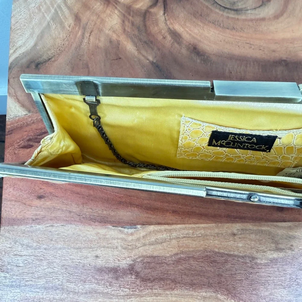 Jessica McClintock Yellow Croc Embossed Clutch Evening Bag w Brass Frame & Chain